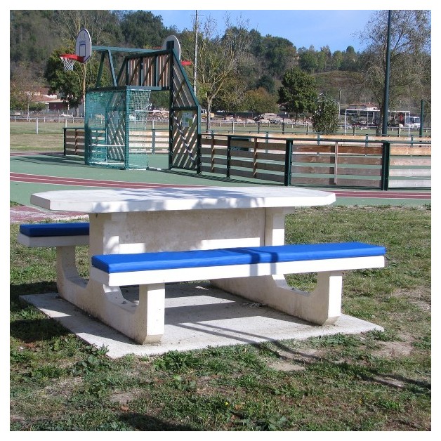 Table pique nique béton avec coussins bleu