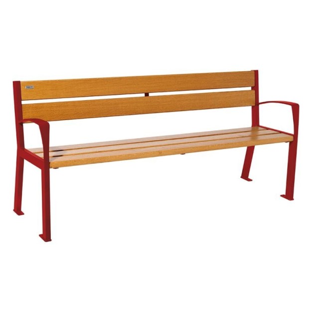 Banc Silaos 5 lames acier et bois longueur 1800 mm avec accoudoirs structure bordeaux